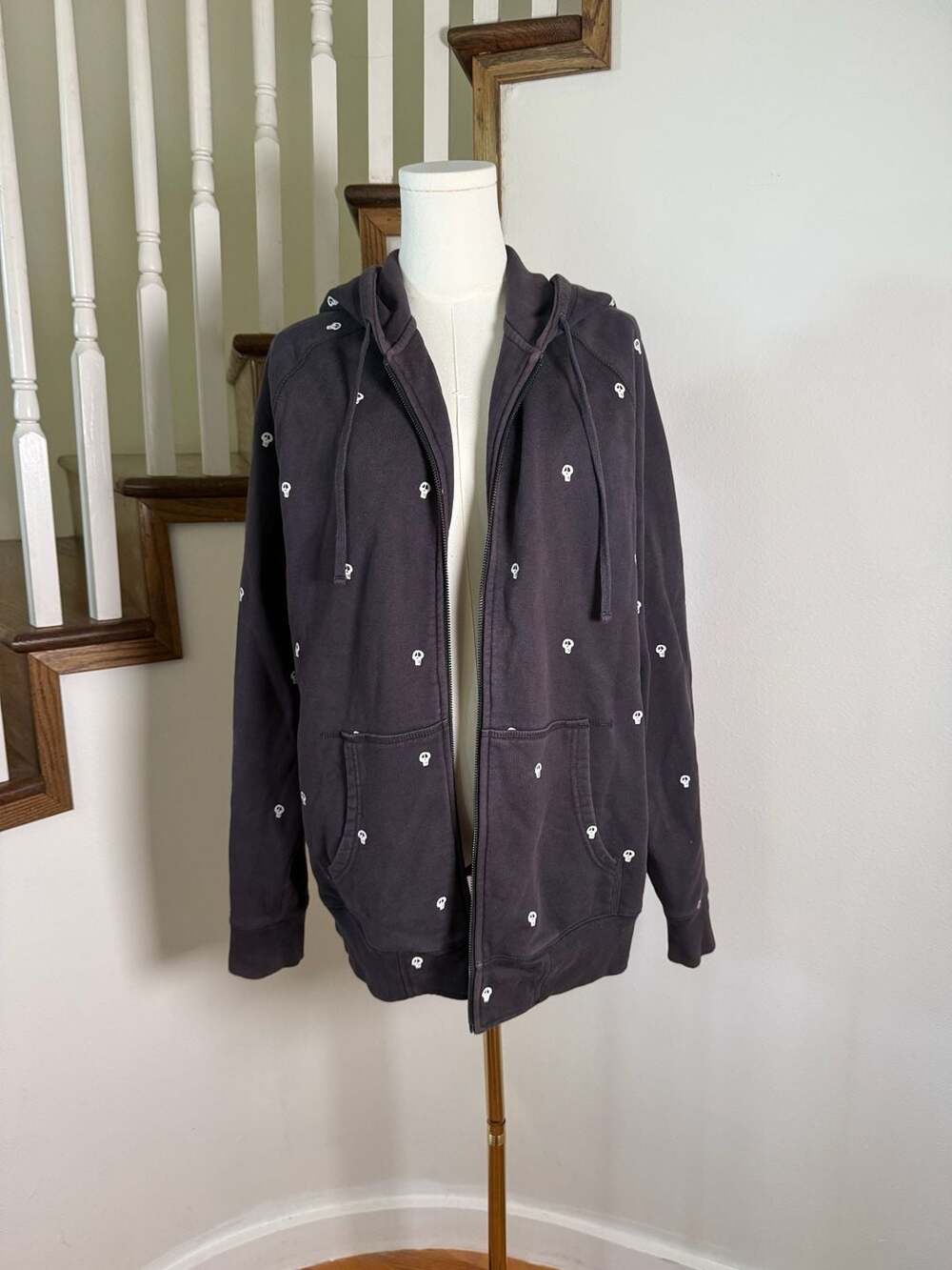 Stussy Skull Print Zip Up Hoodie Size L Black All Over Print